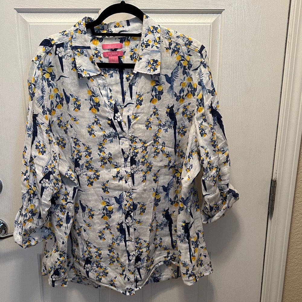 Isaac Mizrahi 100% Linen Shirt with Yellow and Blue Floral & Bird Design Size 2X